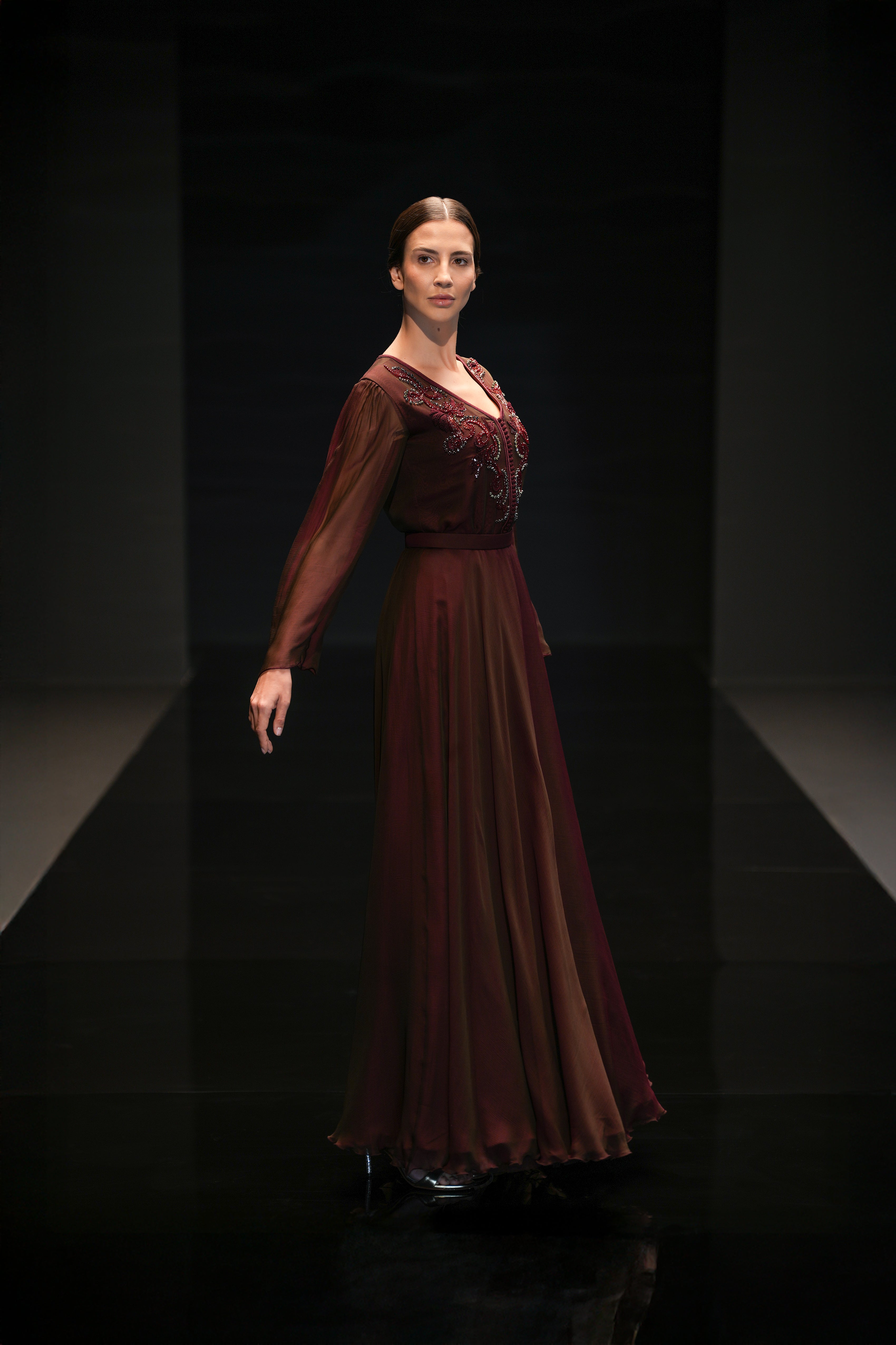 Look 4 - Burgundy Cinched Flowing Maxi