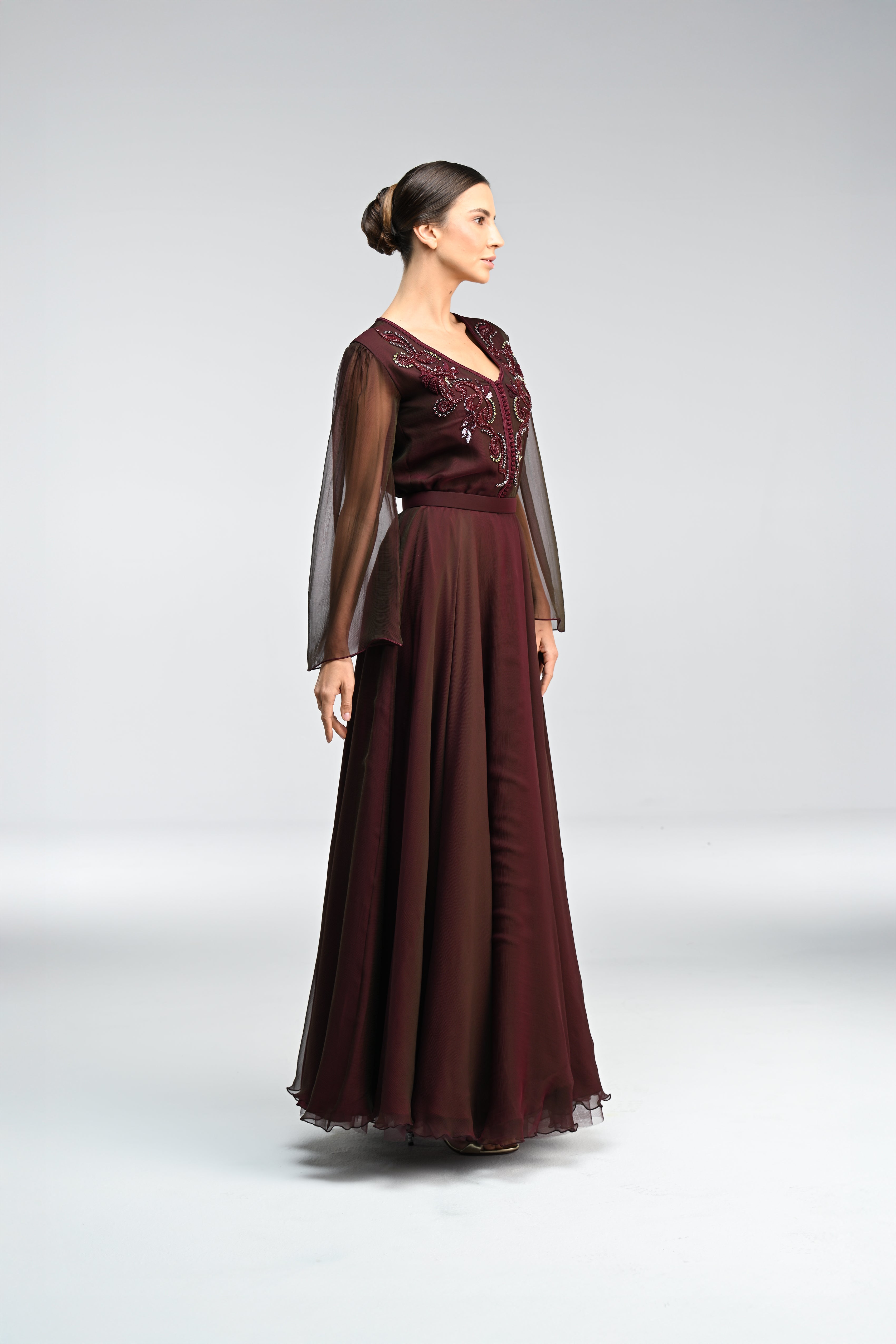 Look 4 - Burgundy Cinched Flowing Maxi