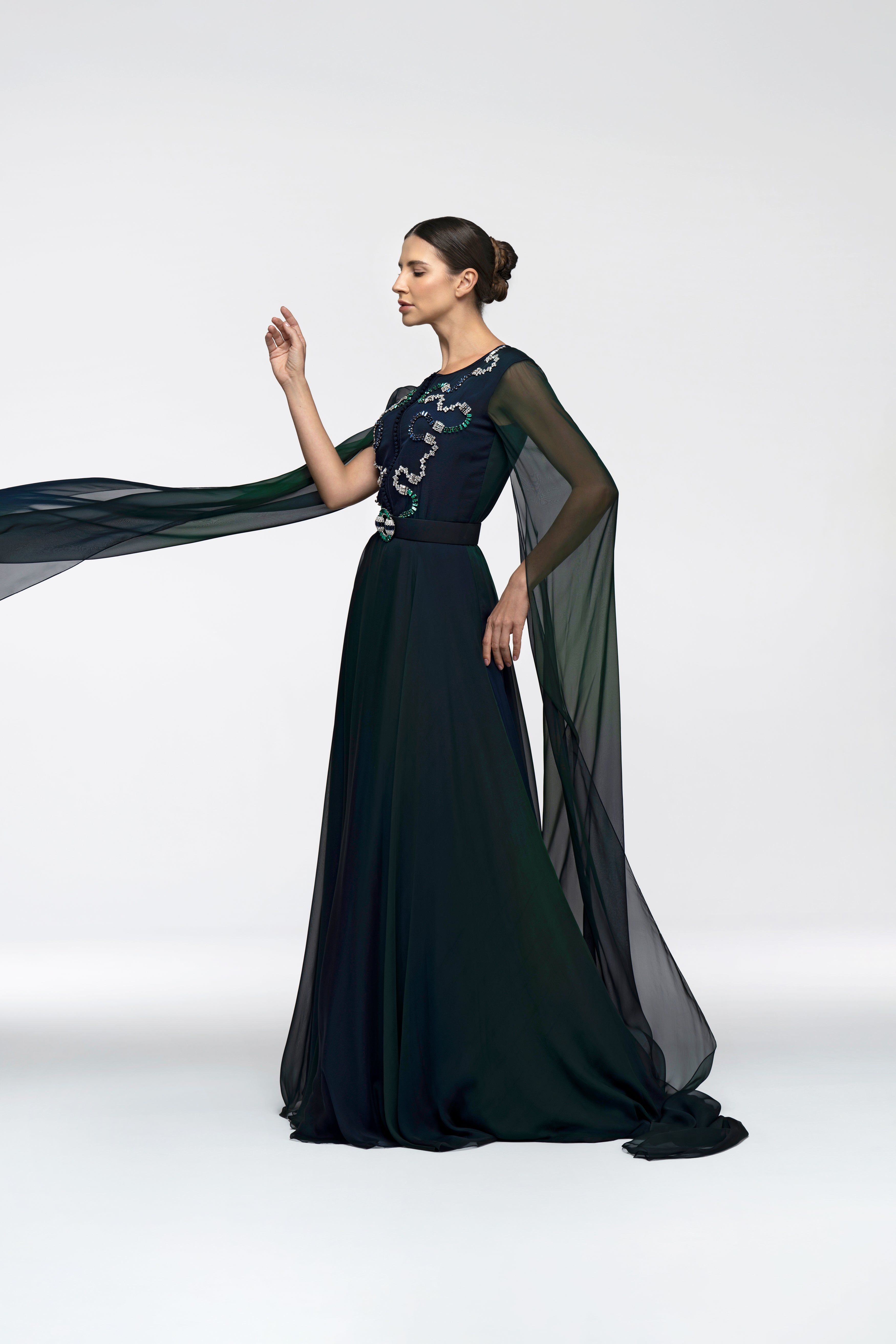Look 11 - Peacock Ombre Caped Dress