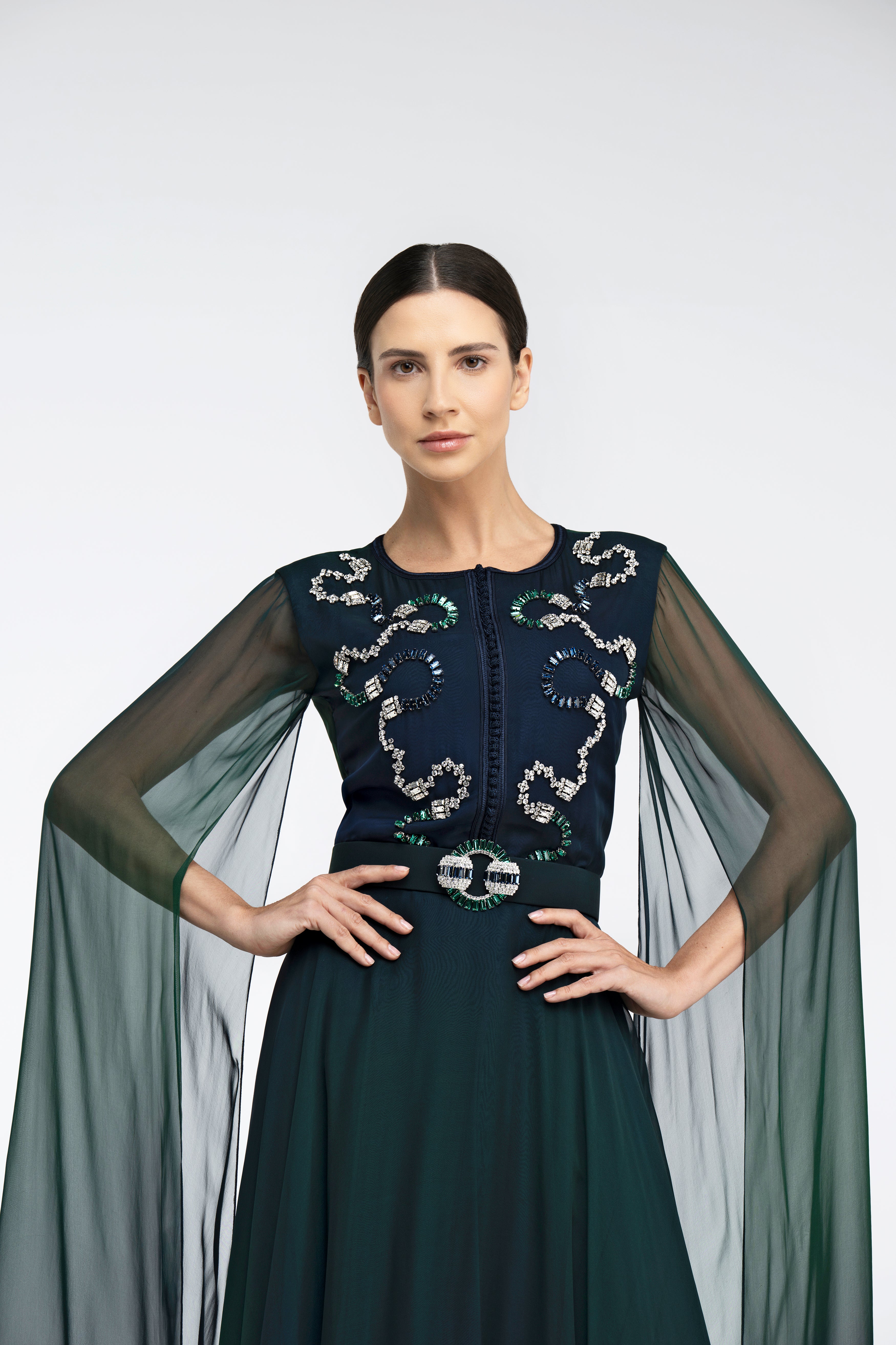 Look 11 - Peacock Ombre Caped Dress