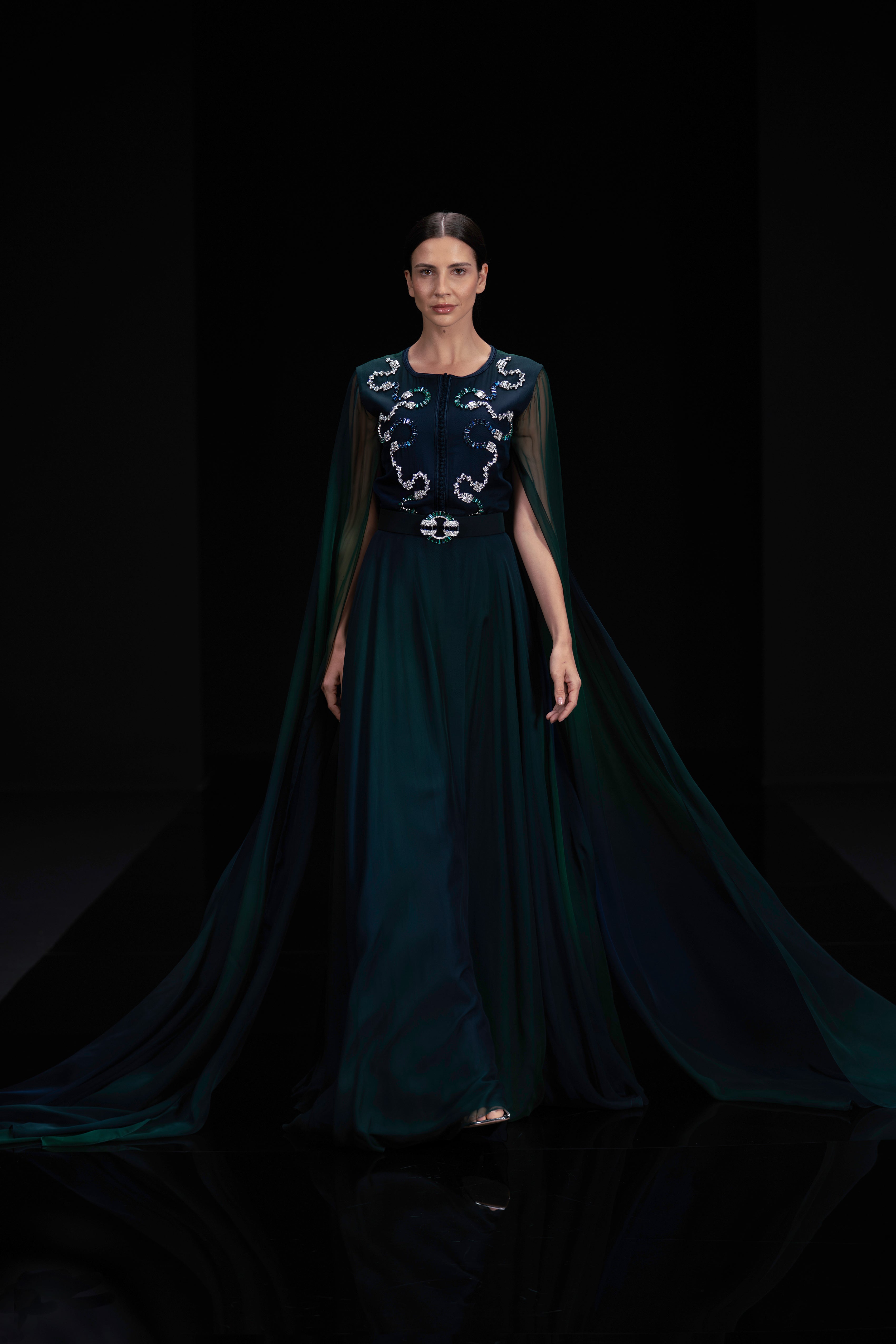 Look 11 - Peacock Ombre Caped Dress