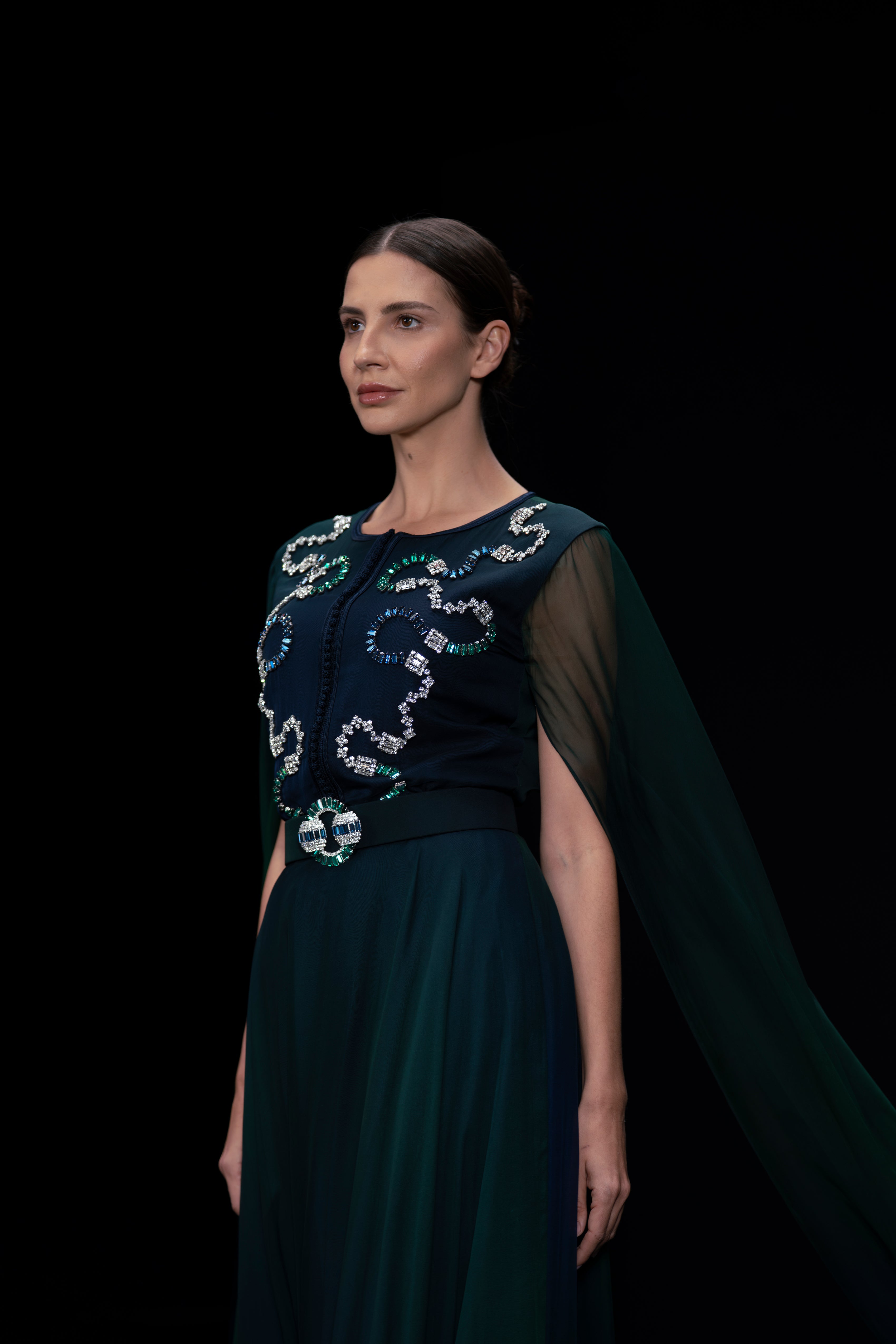 Look 11 - Peacock Ombre Caped Dress