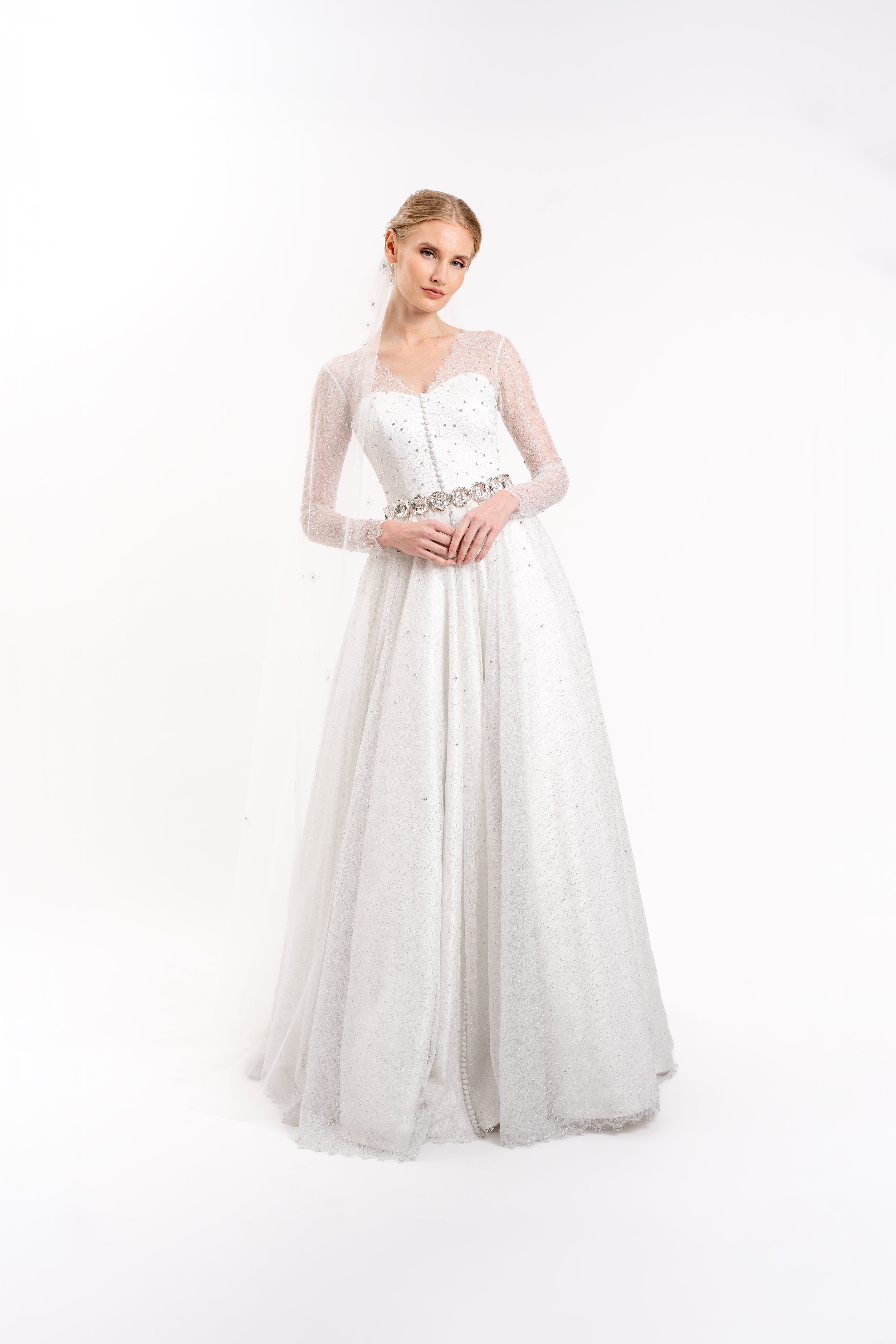 Look 1 - Metallic Corded Chantilly Lace Wedding Dress