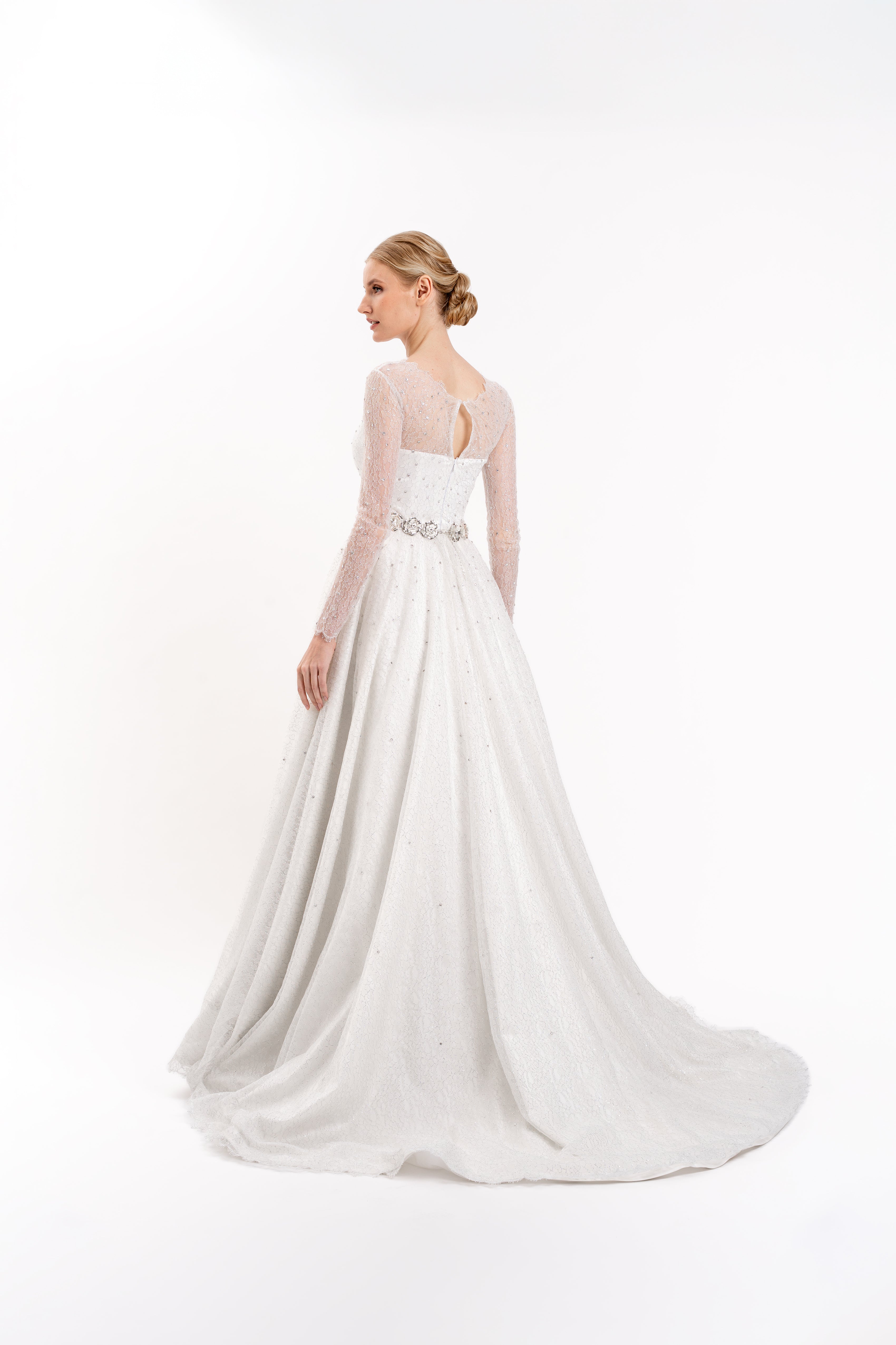 Look 1 - Metallic Corded Chantilly Lace Wedding Dress