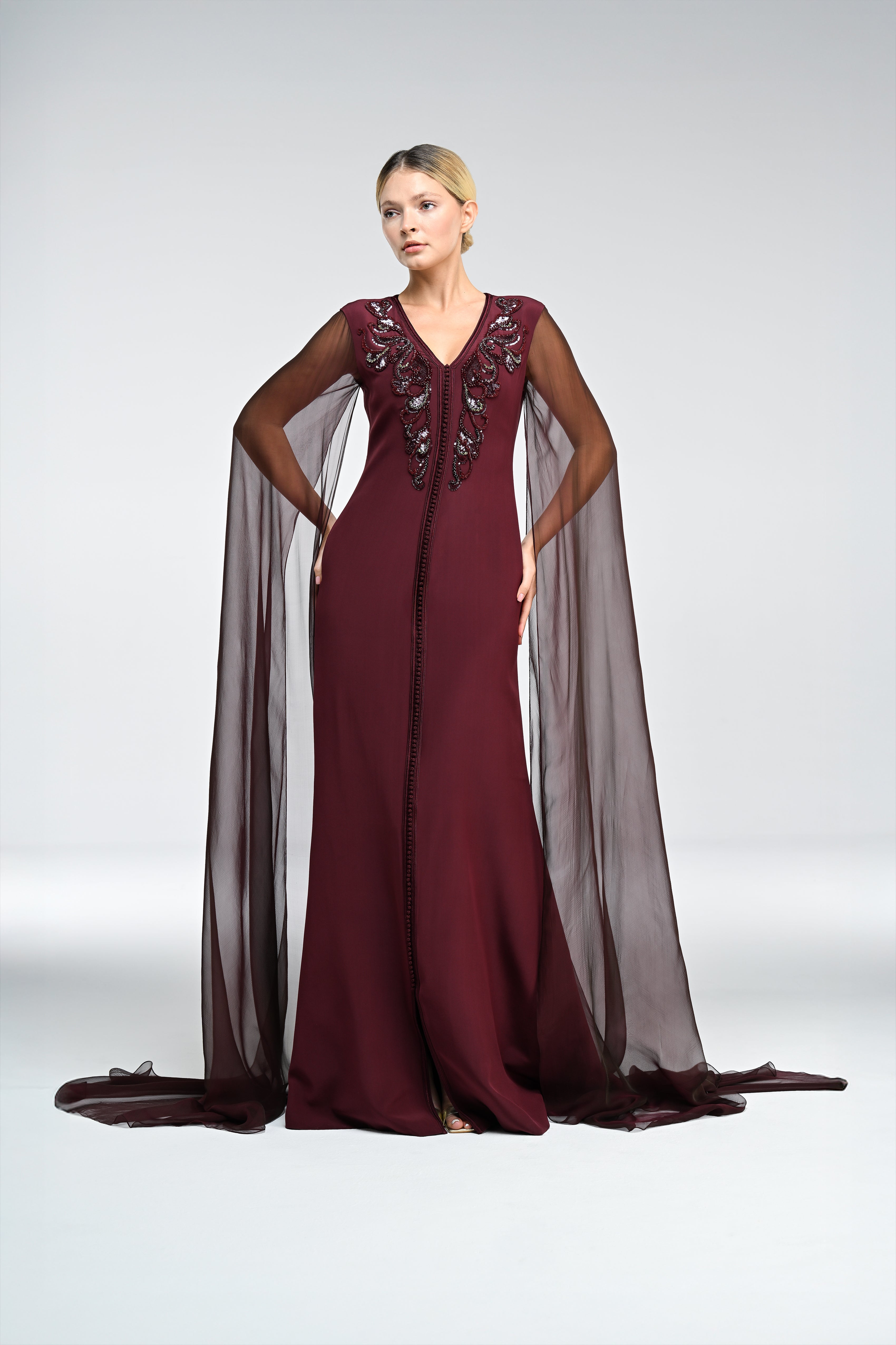 Look 3 - Burgundy Mermaid Caped Dress