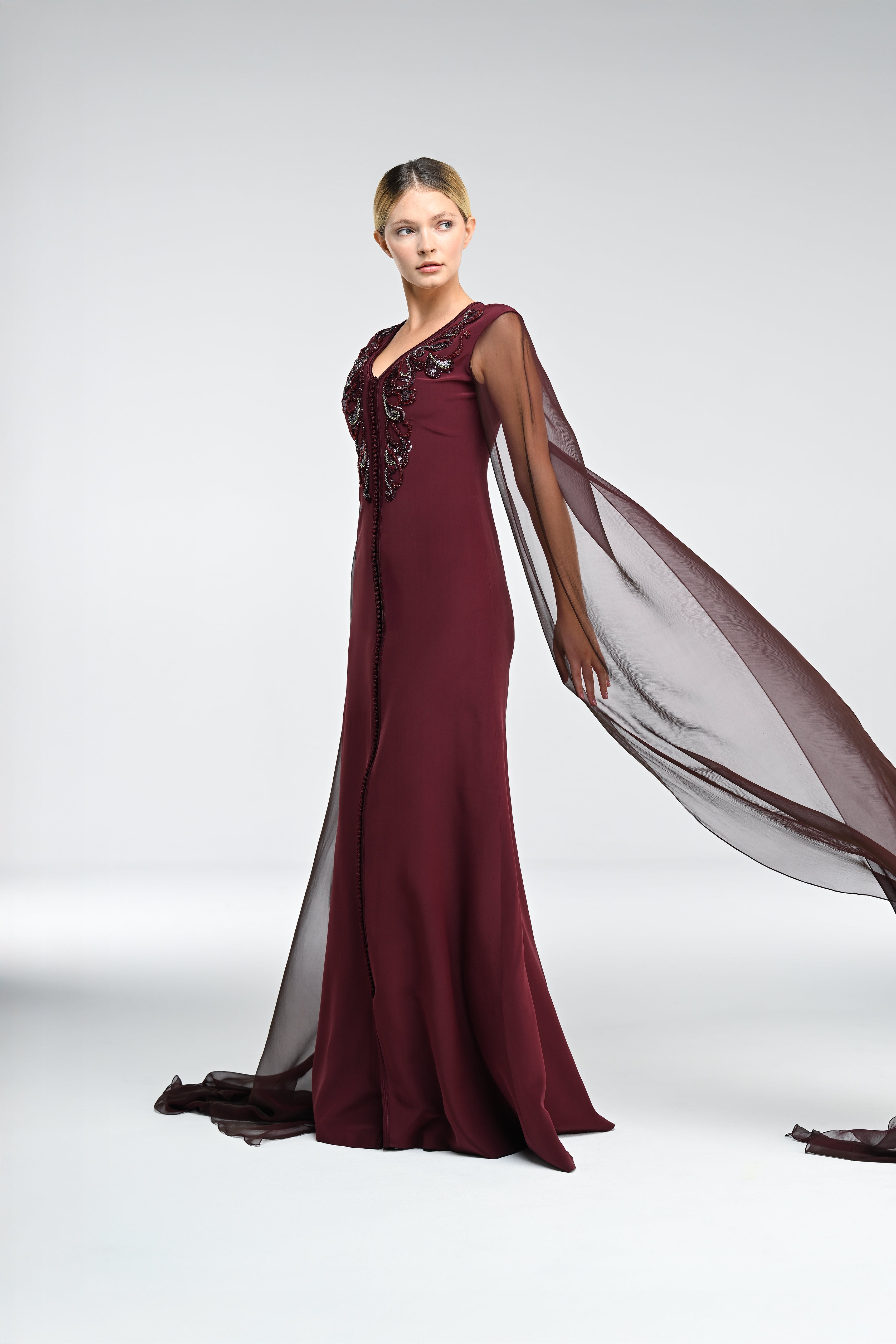 Look 3 - Burgundy Mermaid Caped Dress