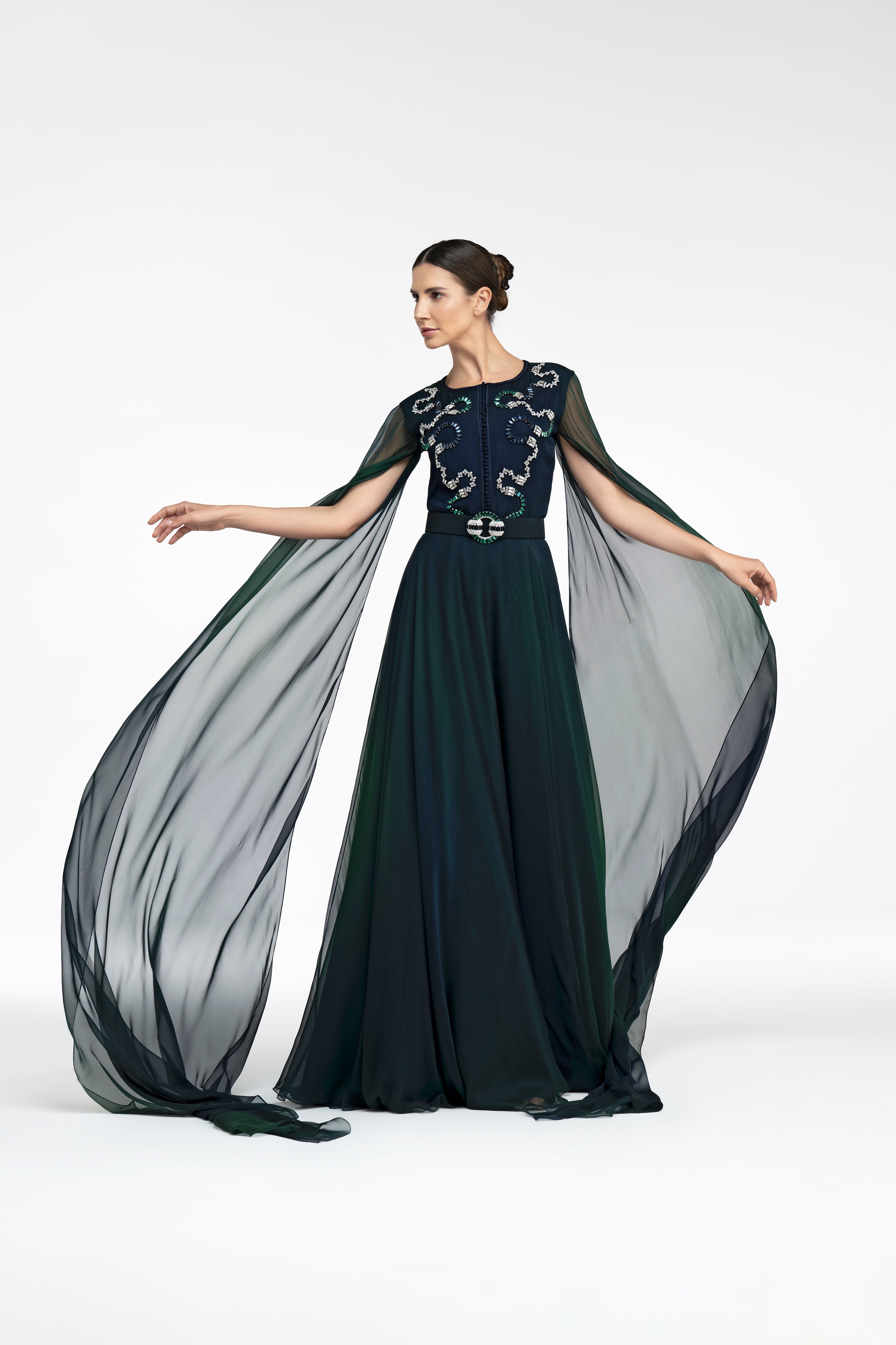 Look 11 - Peacock Ombre Caped Dress
