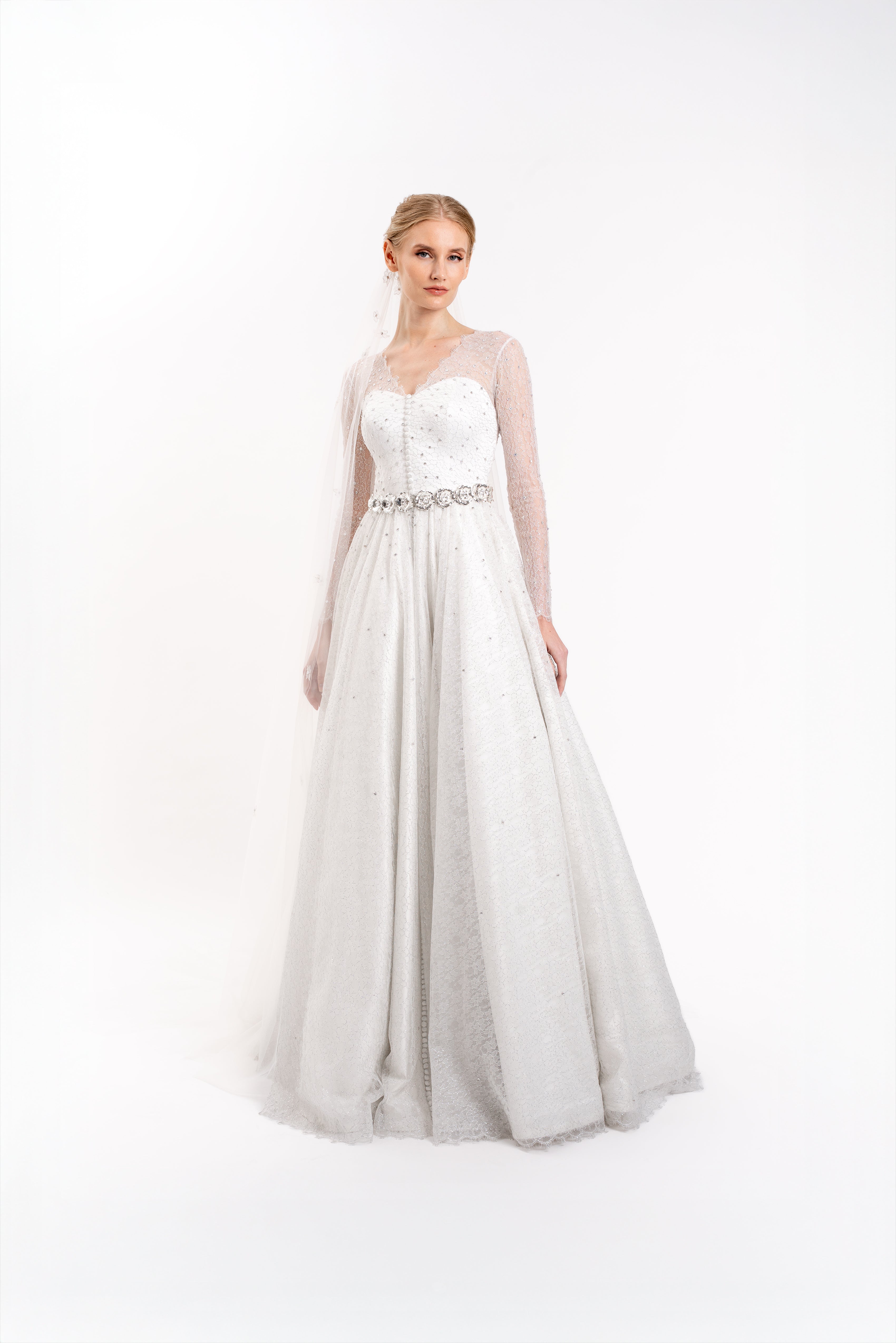 Look 1 - Metallic Corded Chantilly Lace Wedding Dress